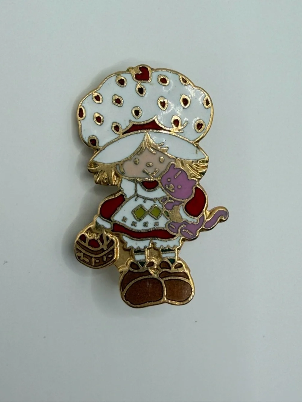 Strawberry Shortcake Vintage Enamel Pin with Pink Cat